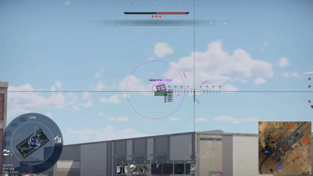Scope view with green and pink aimbot circles locked on an AV-8 aircraft at 1250 meters with a player name label.